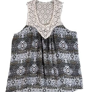 Bobeau Womens XL Gray Tribal Print Crochet Lace Yoke Sleeveless‎ Blouse